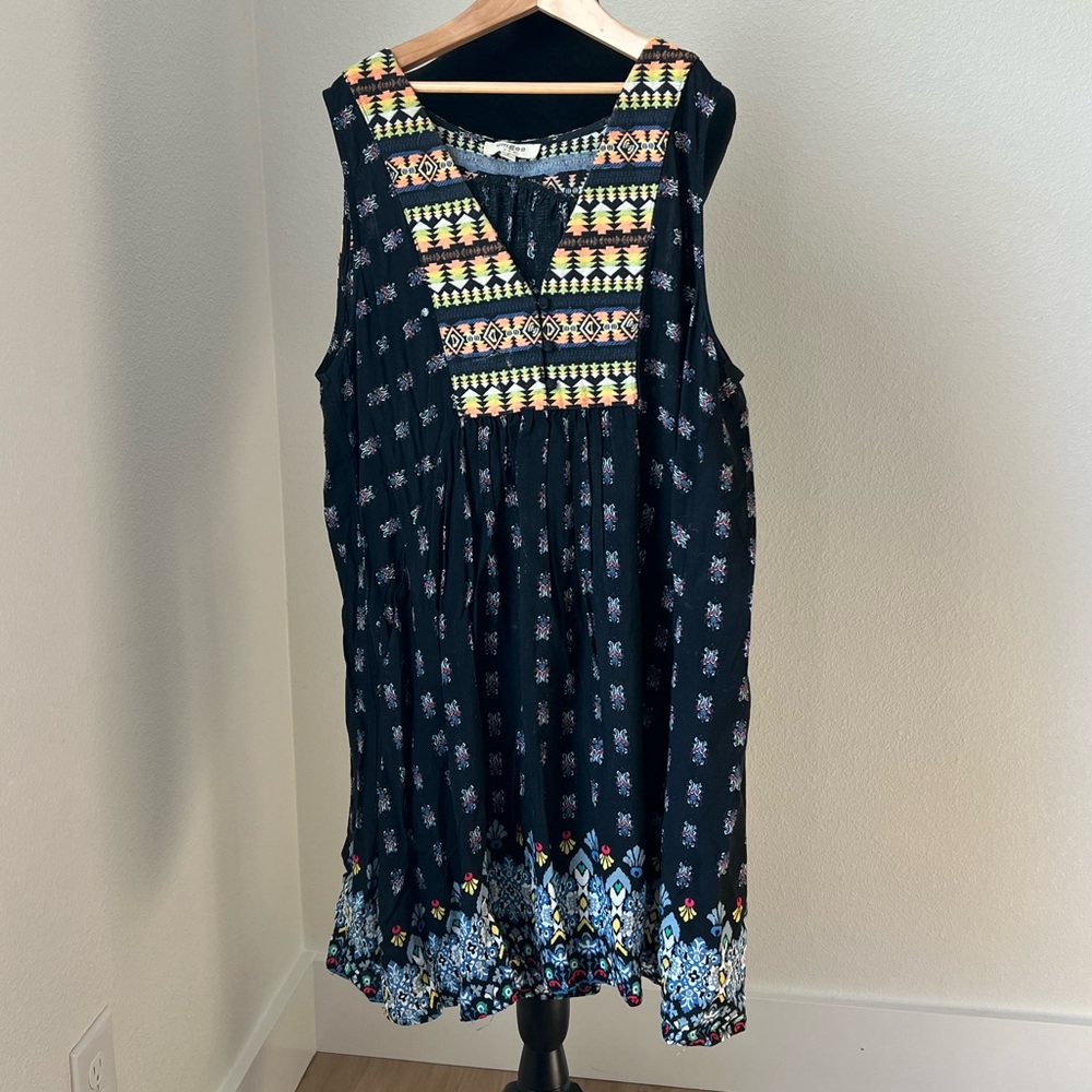 Umgee Black Sleeveless Embroidered Mini Dress with Yellow Accents W/ Pockets